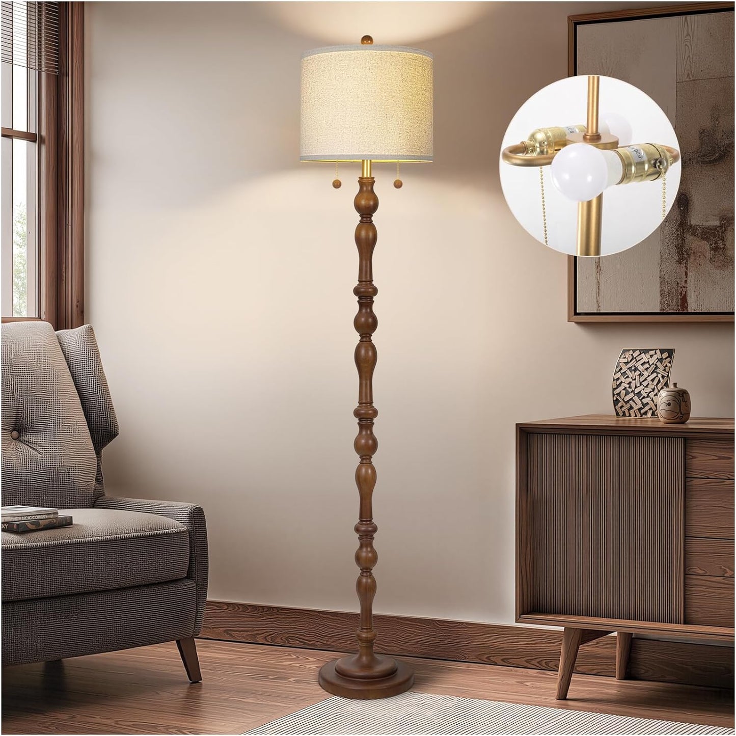 Scenekoy 65.5” Natural Real Wood Floor Lamp for Living Room Bedroom, Dual S Cluster Socket, Pull Chains Switch, Farmhouse Tall Standing Lamp with Linen Shade for Home Room Decor (Bulbs Included)
