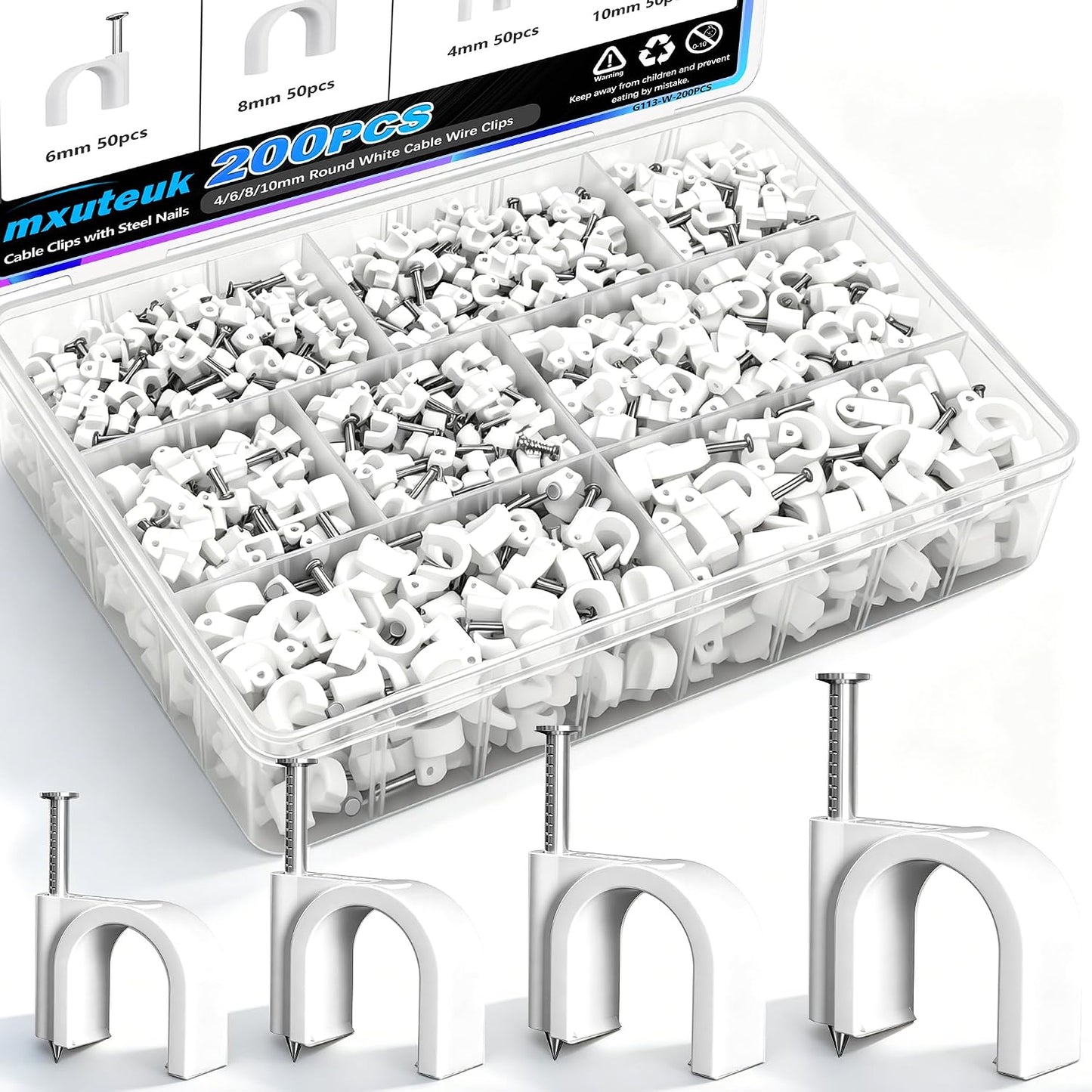 mxuteuk 630PCS Cable Clips with Steel Nails,4/5/6/8/10mm Round and 5/6mm Square White Cable Wire Clips,Wall Clips for Cords,Cable Cord Clips for RG6 RG59 CAT6 RJ45