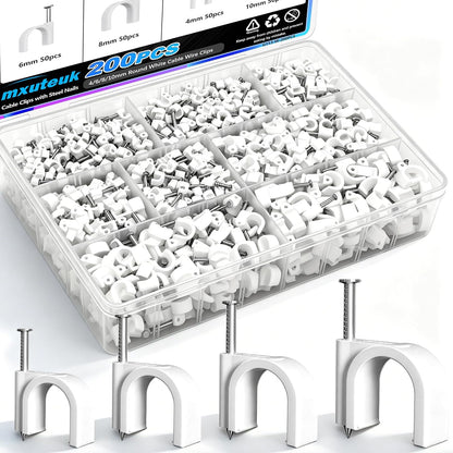 mxuteuk 630PCS Cable Clips with Steel Nails,4/5/6/8/10mm Round and 5/6mm Square White Cable Wire Clips,Wall Clips for Cords,Cable Cord Clips for RG6 RG59 CAT6 RJ45