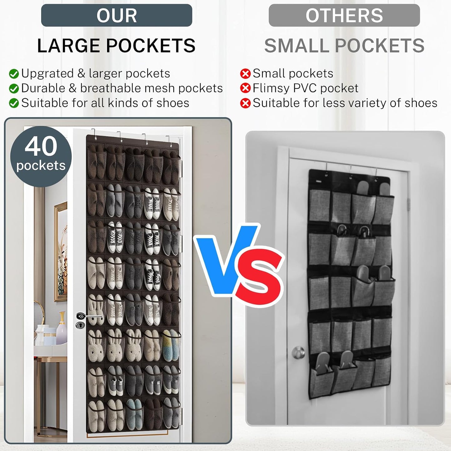 40 Large Mesh Pocket Over the Door Shoe Organizer,Hanging Shoe Rack for Door,Hualleko Shoes Organizer Hanger with Large Capacity, Shoes Storage Holder Sturdy Non-woven Fabric - Stores 20 Pairs (White)