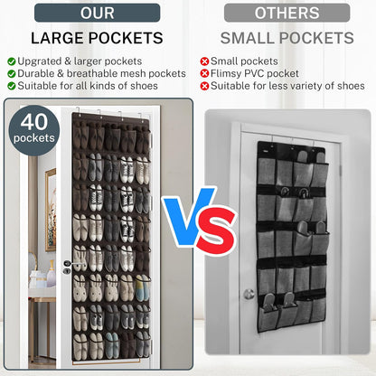 40 Large Mesh Pocket Over the Door Shoe Organizer,Hanging Shoe Rack for Door,Hualleko Shoes Organizer Hanger with Large Capacity, Shoes Storage Holder Sturdy Non-woven Fabric - Stores 20 Pairs (White)