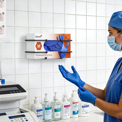 Adhesive Glove Box Holder Wall Mount, Metal Disposable Gloves Dispenser for Latex & Nitrile Boxes, No-Drill Tissue & Wipes Organizer for Kitchen, Lab, Bathroom, White