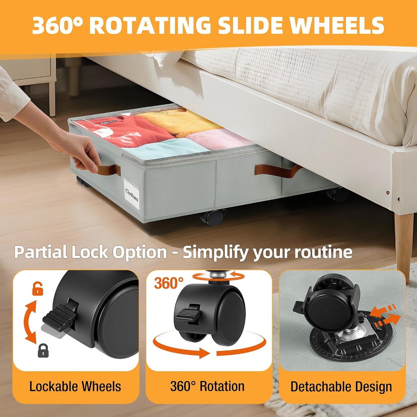 Under Bed Storage with Wheels,Underbed Storage with Sturdy Sidewalls/Bottom, Clear Cover, Label and PU Handle, Rolling Under Bed Drawers for Clothes, Shoes, 6.5 Inch Height,Black, 2 Pack