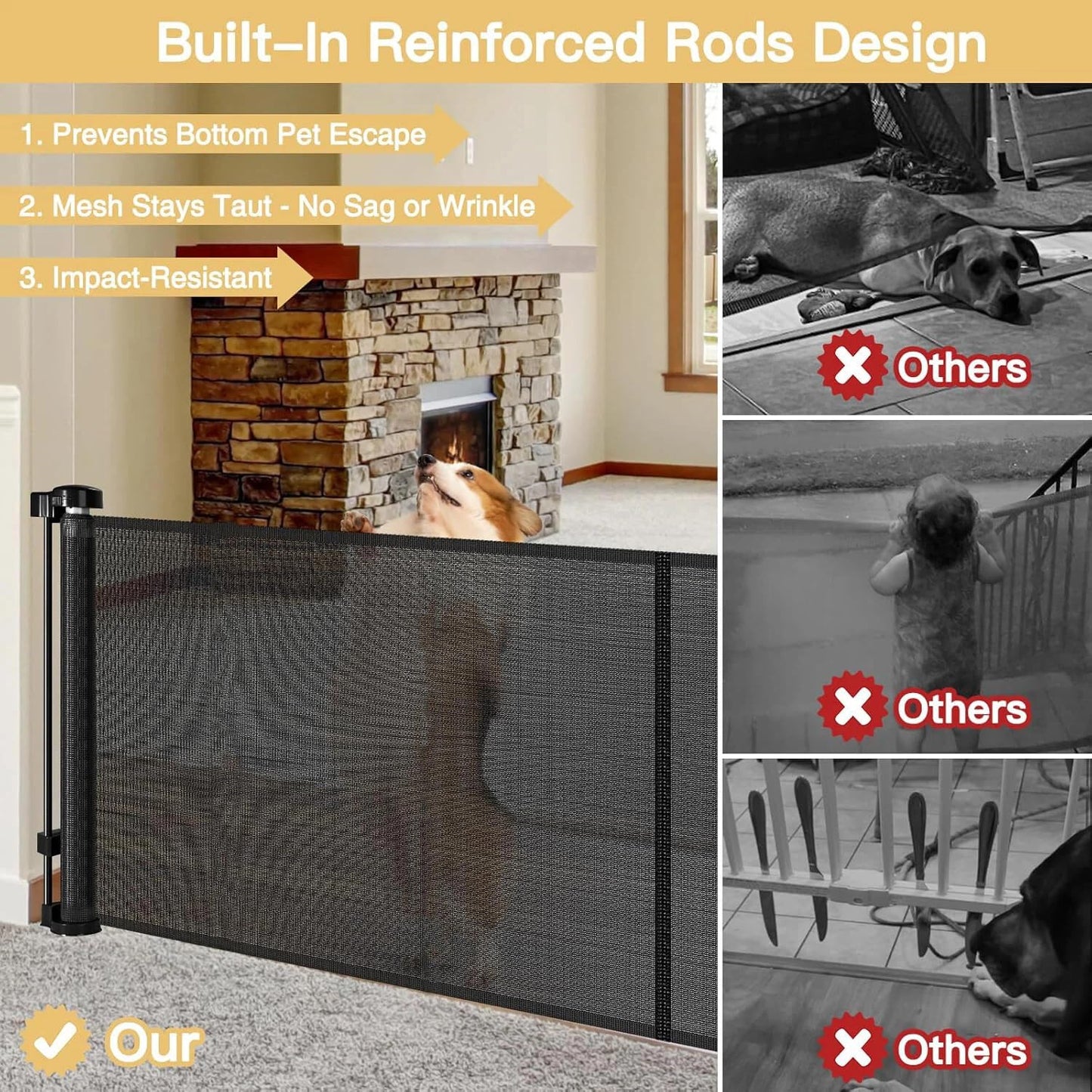 Reinforced 28-Inch Tall Retractable Baby Gates for Doorways, Walk Through Pet Gate for Stairs, Short Baby Gate with Support Rods, 55 Inch Wide Mesh Gate Retractable Gate Small Dog Gate, Gray
