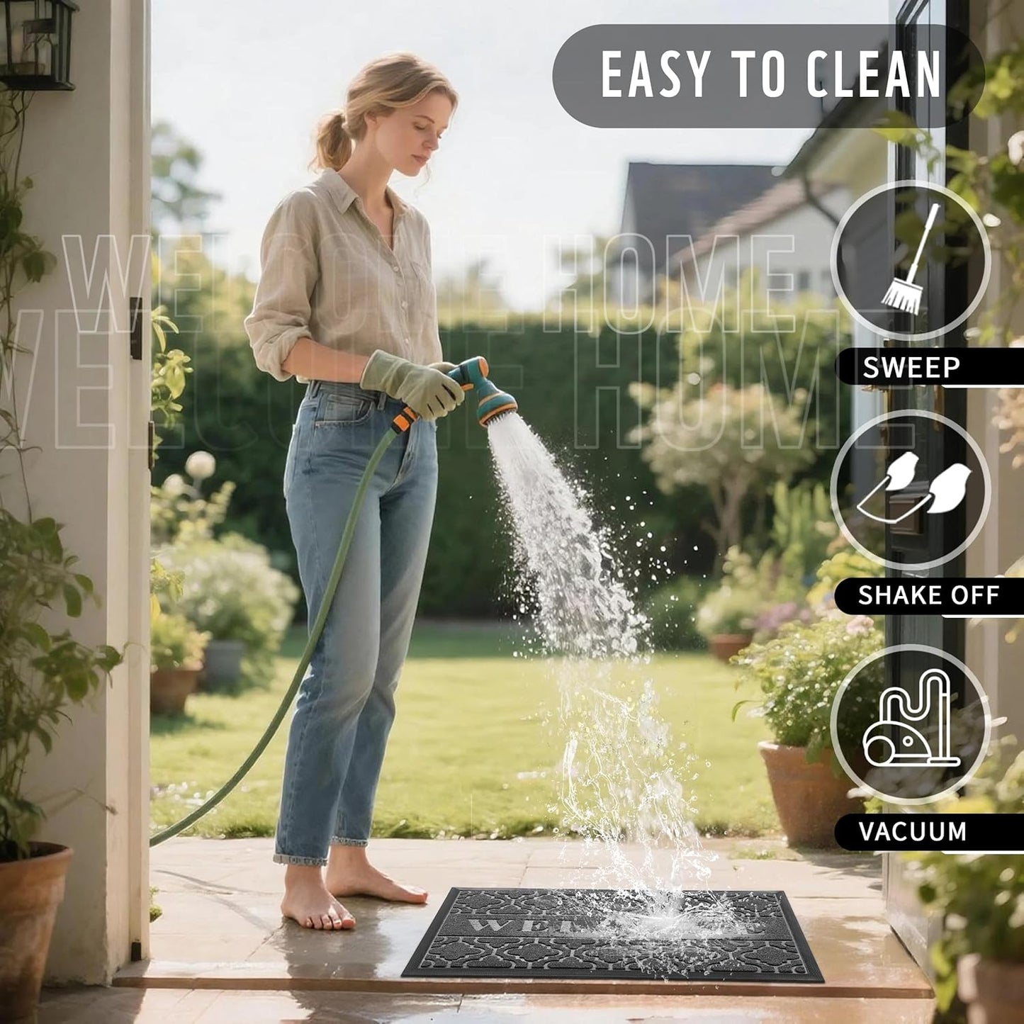 Yimobra Welcome Mat Outdoor Indoor, All-Weather Waterproof Front Door Mat Outside Entrance, Non-Slip Low Profile Porch Patio Doormat, 29.5x17, Black