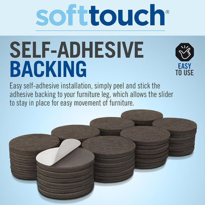 SoftTouch 1.5" Round Reusable Felt Furniture Sliders for Hard Surfaces, Noise-Reducing Adhesive Moving and Protective Pads for Cabinets, Chairs, Tables & Decorative Items Set of 48, Brown
