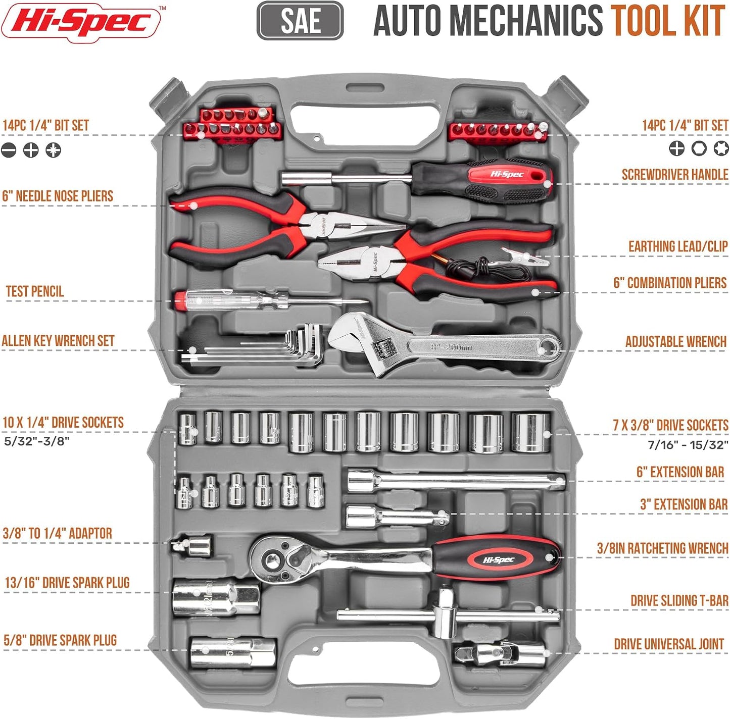 Hi-Spec 73pc Home and Garage Tool Kit Set. Essential Household and Auto Repair Tools. Includes Pliers, Sockets, Wrenches and a Hex Key Set in a Toolbox Carry Case