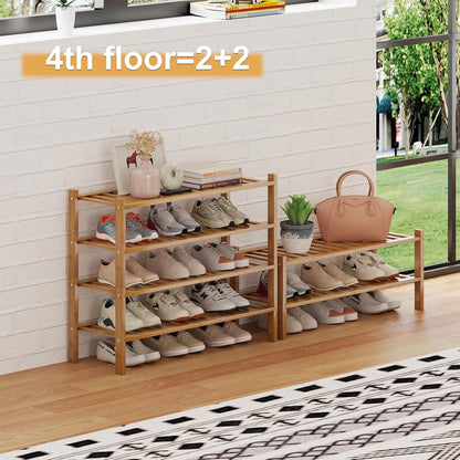 Bamboo Shoe Rack Organizer for Closet and Entryway - Space-Saving Narrow Shoe Stand - Versatile Shoe Holder for Door or Closet Shelf, Garage Bedroom can Freely Stack DIY Small Shoe Racks 3 Tier