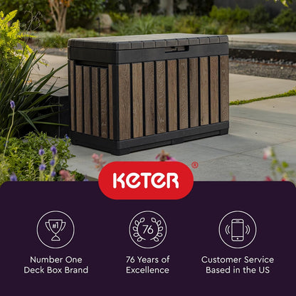 Keter Signature Everwood 30 Gallon Resin Outdoor Storage Box and Patio Furniture Side Table for Pool and Garden Accessories, Walnut