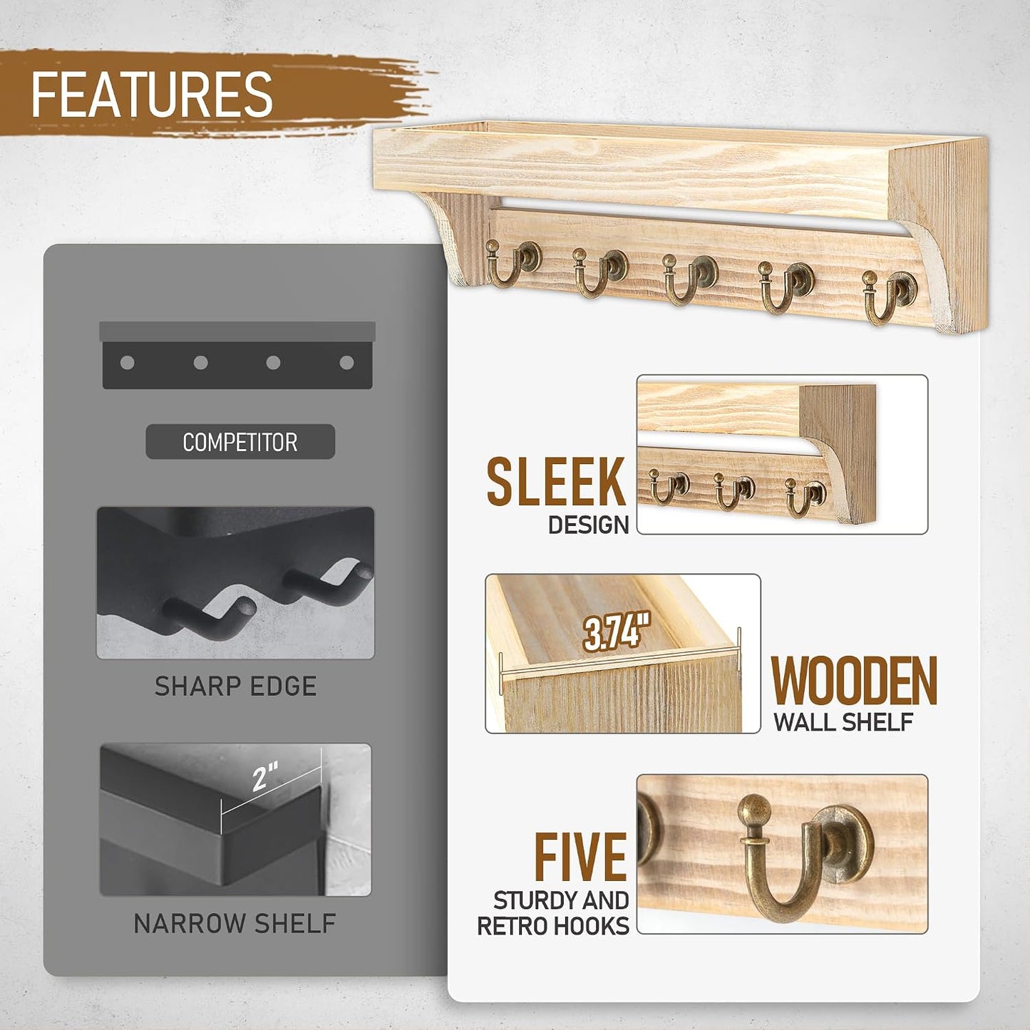 Rebee Vision Farmhouse Key Holder for Wall - Decorative Wooden Mail Organizer with 5 Rustic Key Hooks and Floating Shelf for Home Decor, Hallway, Entryway, Appartment (Retro Brown)