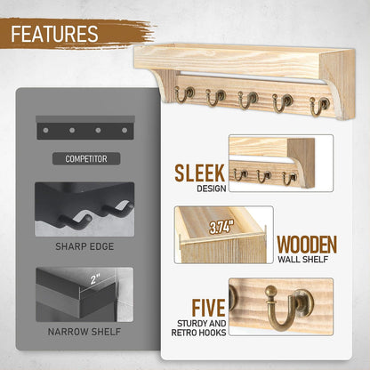 Rebee Vision Farmhouse Key Holder for Wall - Decorative Wooden Mail Organizer with 5 Rustic Key Hooks and Floating Shelf for Home Decor, Hallway, Entryway, Appartment (Retro Brown)