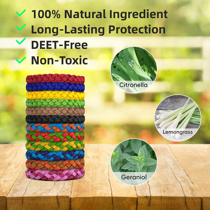 BuggyBands 24 Pack Mosquito Repellent Bracelets for Adults & Kids, DEET-Free, Individually Wrapped, Adjustable PU Leather Bug Repellent Wrist Bands
