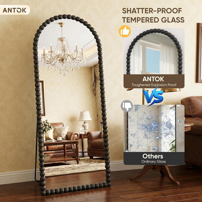 Antok 58" x 21" Arched Full Length Mirror, Antique Beaded Frame Floor Standing or Wall Mounted Mirror with Stand for Bedroom, Entryway, Brown, Luxury Style