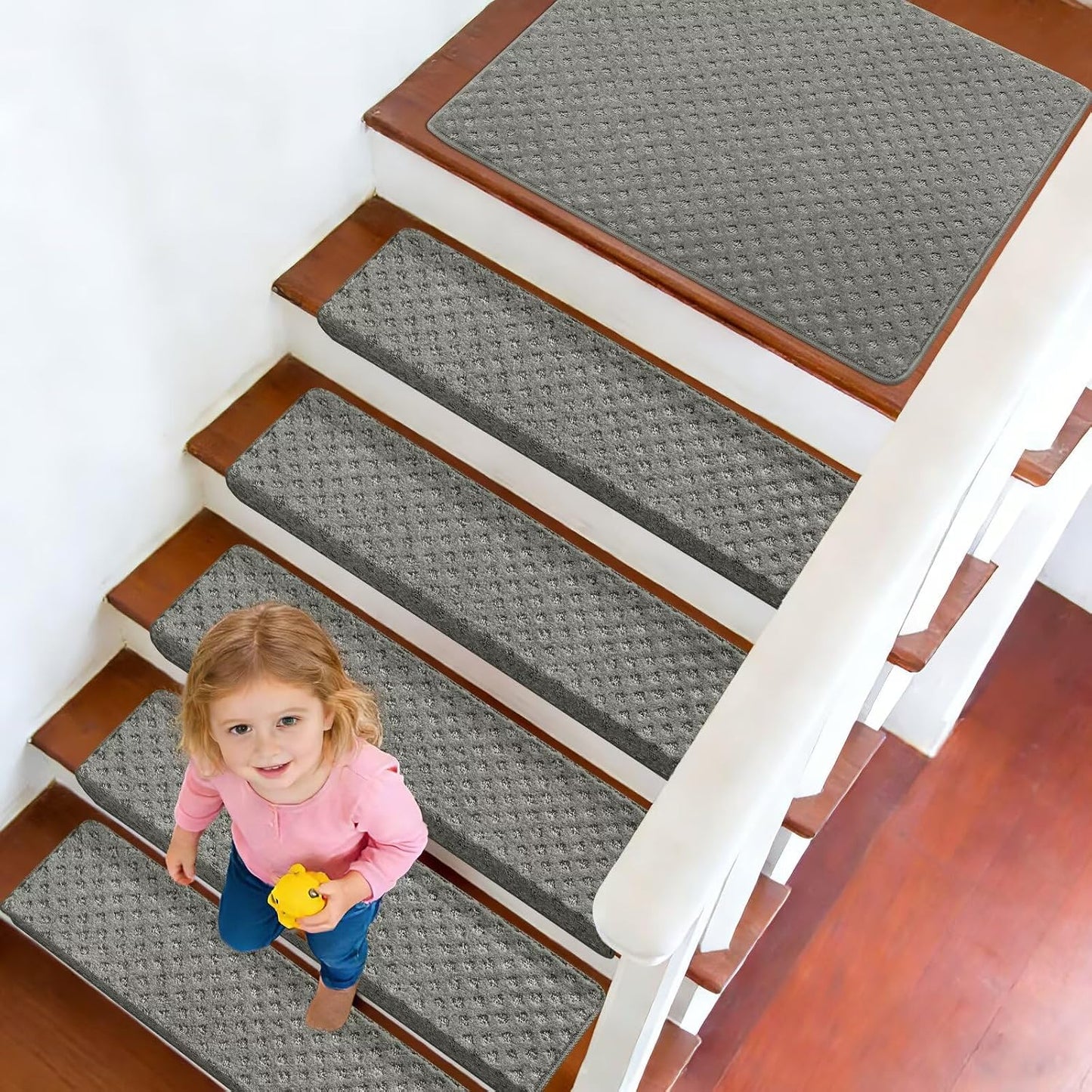 DEXDE Bullnose Stair Treads for Wooden Steps Non-Slip Stair Runner, 14 Pcs | Reusable bullnose carpet Stair Treads Indoor, Peel and Stick Stair Rugs with Edge Protection, Soft Washable, 30"x9.5" Grey
