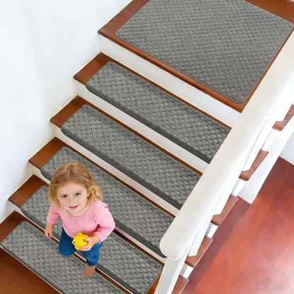 DEXDE Bullnose Stair Treads for Wooden Steps Non-Slip Stair Runner, 14 Pcs | Reusable bullnose carpet Stair Treads Indoor, Peel and Stick Stair Rugs with Edge Protection, Soft Washable, 30"x9.5" Grey