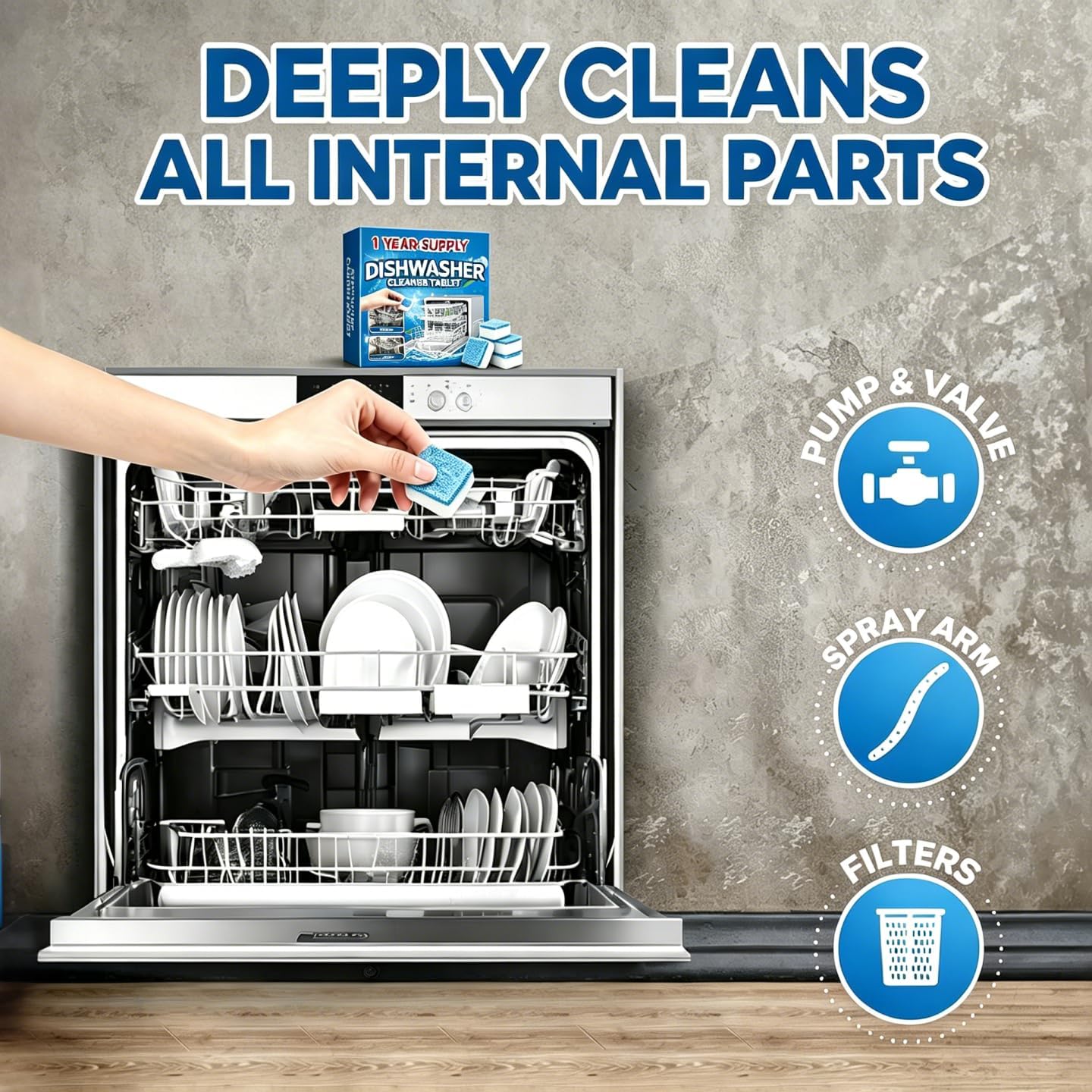 Heavy Duty Dishwasher Cleaner & Deodorizer Tablets, Descaler, Deep Cleaning, Natural Odor & Smell Remover, Calcium, Limescale, Hard Water Marks, Grease, Septic Safe Pods (12 Tabs 1 Yr Supply)