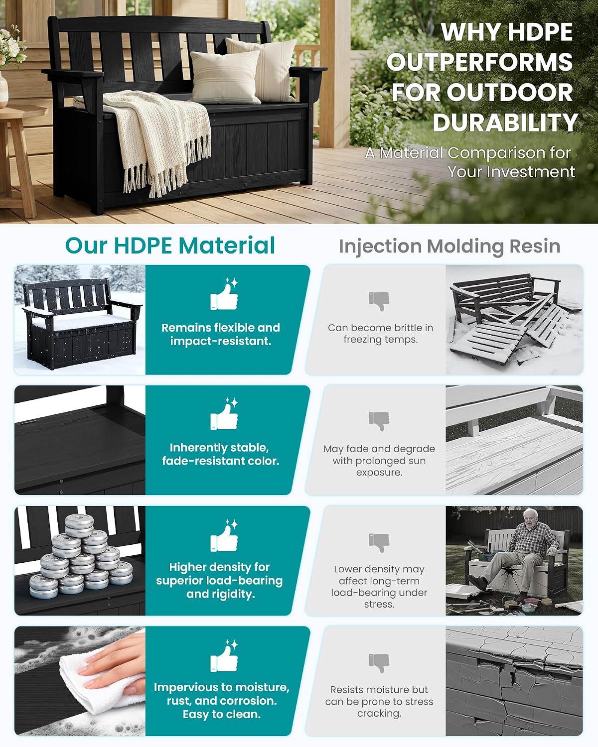 SERWALL HDPE Outdoor Storage Bench, Deck Box with Waterproof Storage Bags | All-Weather Benches | 57 Gallon Dual-Use Seat | Organizer Deck Boxes for Patio, Garden Tools & Pool | Dark Black