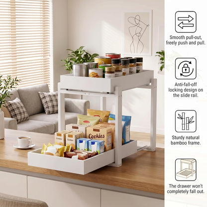 Bamboo Under Sink Organizer and Storage, 2 Pack Pull Out Cabinet Organization, 2 Tier Vertical Slide Out Undersink Storage Shelf, Multi-Purpose Organizer Shelves for Kitchen Bathroom Medicine