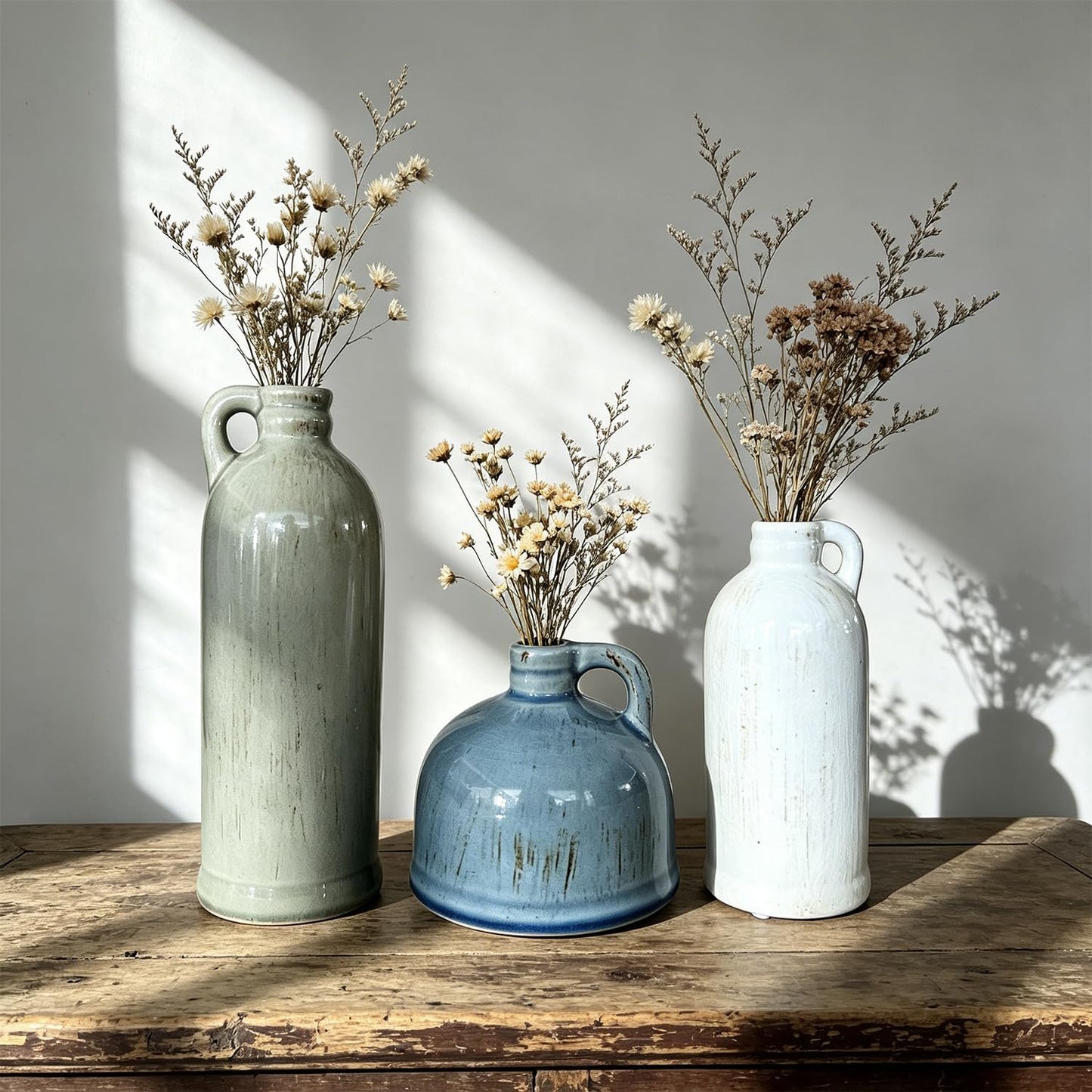 Ceramic Vase Set of 3,Rustic Vase Home Decor, Farmhouse Vase Decor for Shelves,Entry Table,Living Room,Fireplace