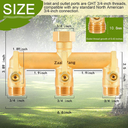 Heavy Duty Brass 2-Way Garden Hose Splitter, 3/4" GHT Threads, Metal Shutoff Valve, Long Handle