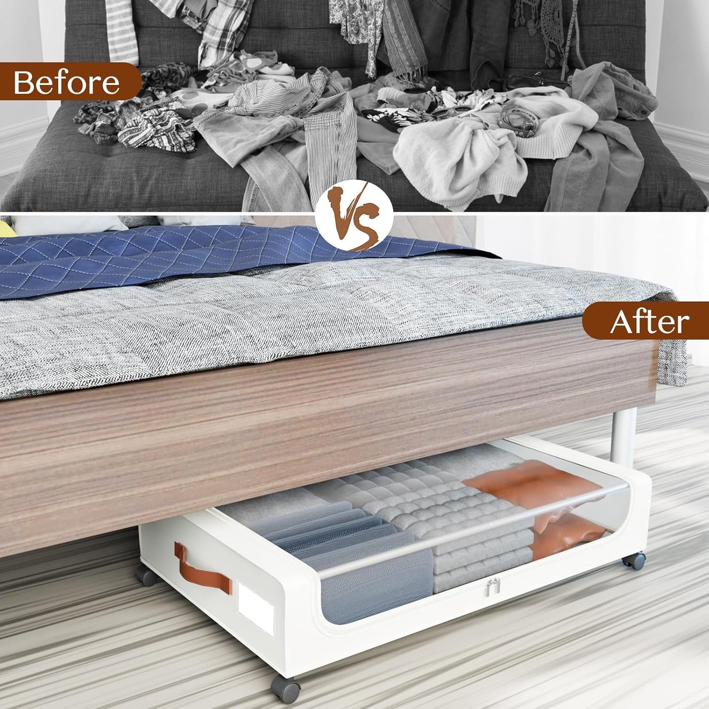 Under Bed Storage with Wheels, UnderBed Storage Containers with Clear Lid and Handles, XXL 60L Under the Bed Storage Bins Drawers for Clothes,Blankets,Shoes,Books (BLACK, 2 PACK)
