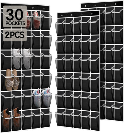 Kotkn Over the Door Shoe Organizer with 30 Breathable Mesh Pockets - Large Capacity Closet Storage for Men & Women, Hanging Shoe Rack Organizer (Gray)