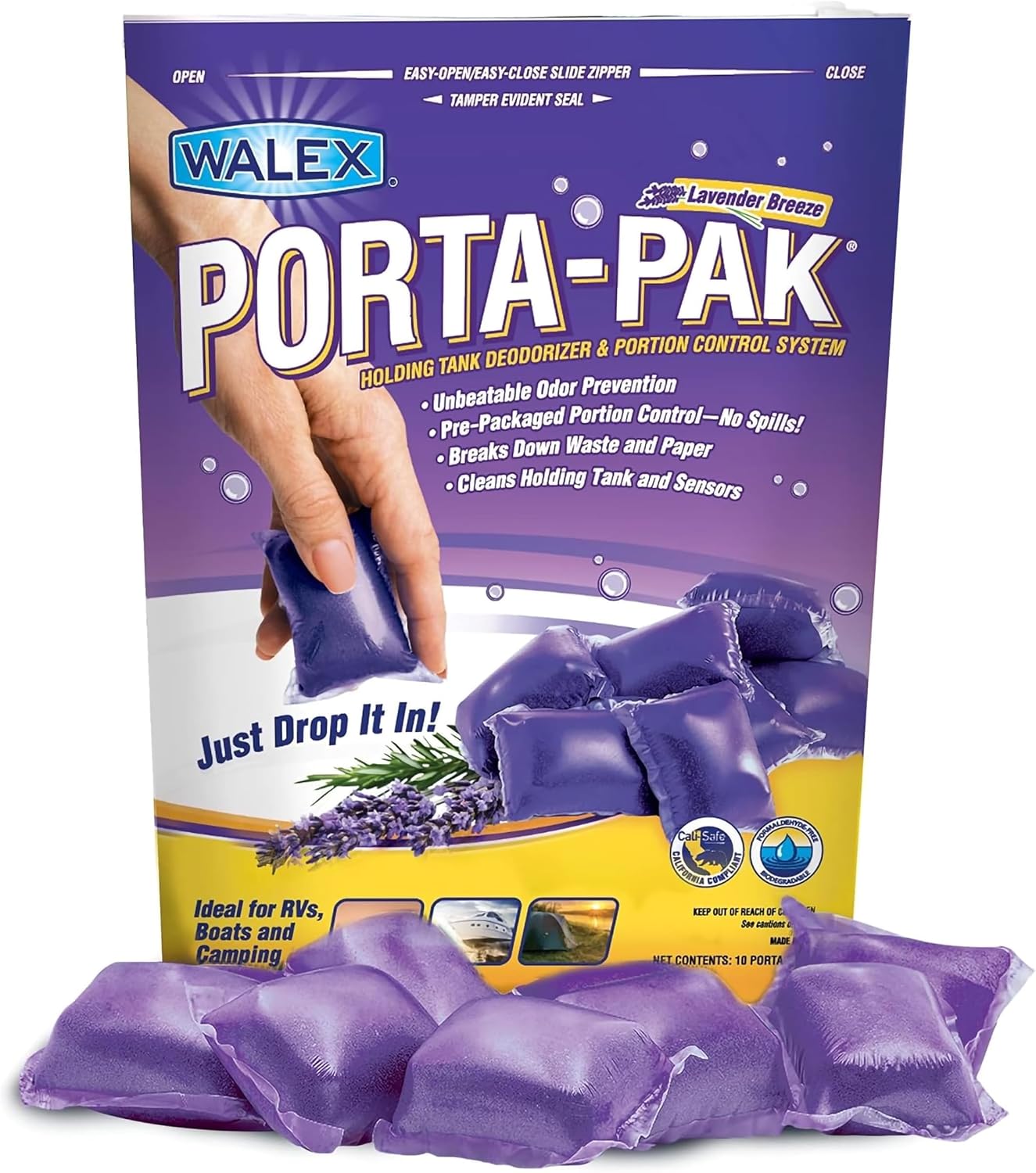 Walex Porta-Pak Black Holding Tank Deodorizer & Portion Control System Drop-Ins - Rapid Breakdown of Waste & Paper, Odor Prevention, Cleans Tank & Sensors - Lavender Breeze, 10-Pack