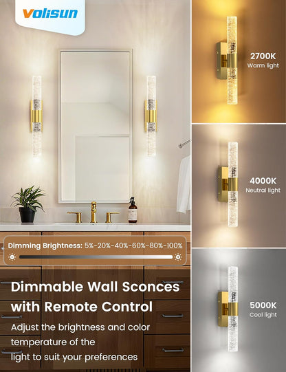 VOLISUN Battery Operated Wall Sconces Set of Two,Gold Sconces Wall Decor Set of 2,Wireless Wall Sconces with Remote,Rechargeable Wall Light for Living Room,Bedroom,Bathroom,Vanity (15.3 inch)
