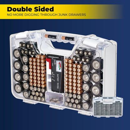Battery Daddy Storage & Organizer Case with Tester, Stores & Protects Up to 180 Batteries, Double-Sided, Clear Locking Lid, Secure Latches & Portable Carrying Handle - White (Batteries Not Included)