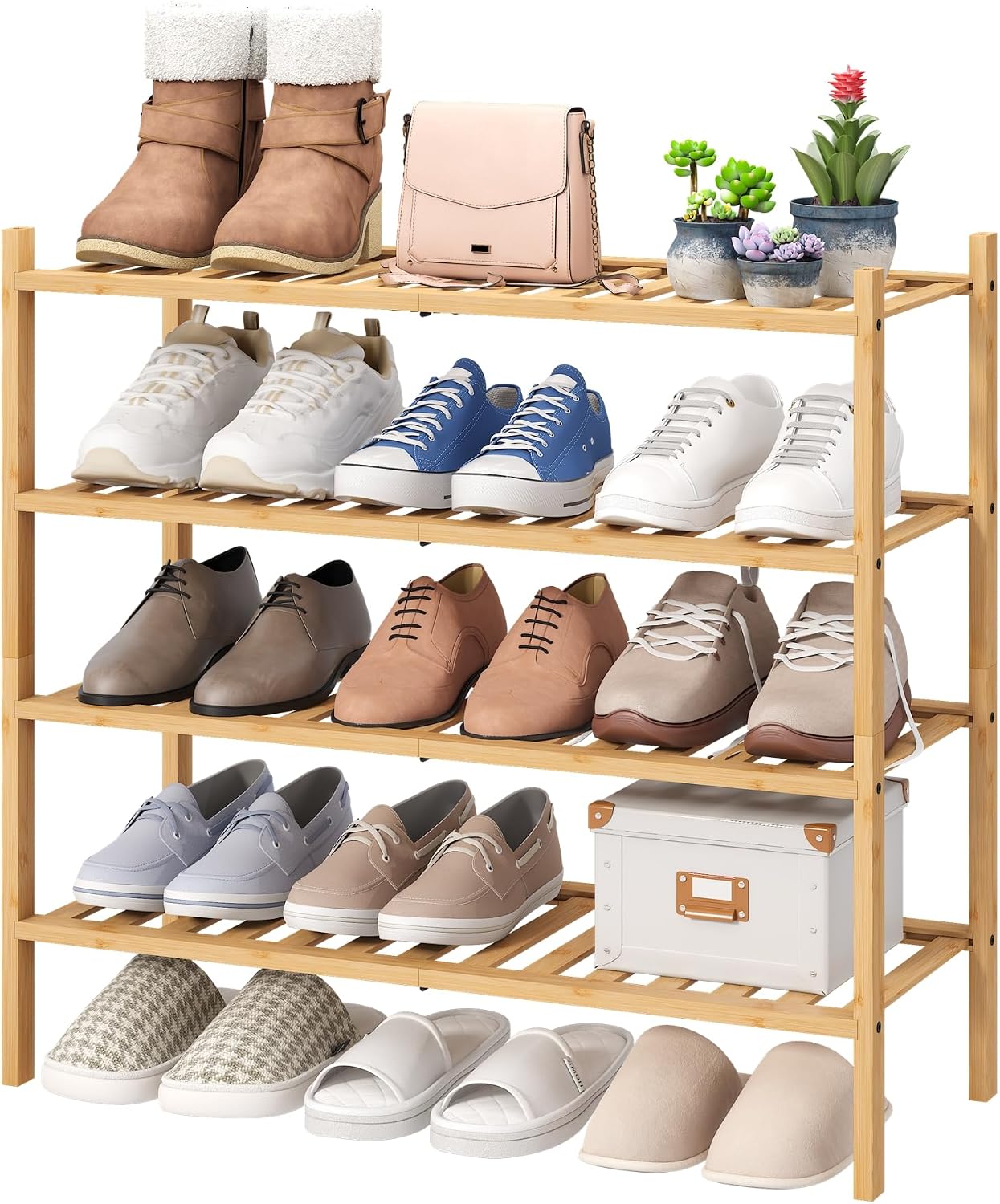 viewcare 3-Tier Black Bamboo Shoe Rack for Entryway, Stackable | Foldable | Natural, Shoe Shelf Storage Organizer for Hallway Closet, Free Standing Shoe Racks for Indoor Outdoor