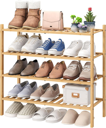 viewcare 3-Tier Black Bamboo Shoe Rack for Entryway, Stackable | Foldable | Natural, Shoe Shelf Storage Organizer for Hallway Closet, Free Standing Shoe Racks for Indoor Outdoor
