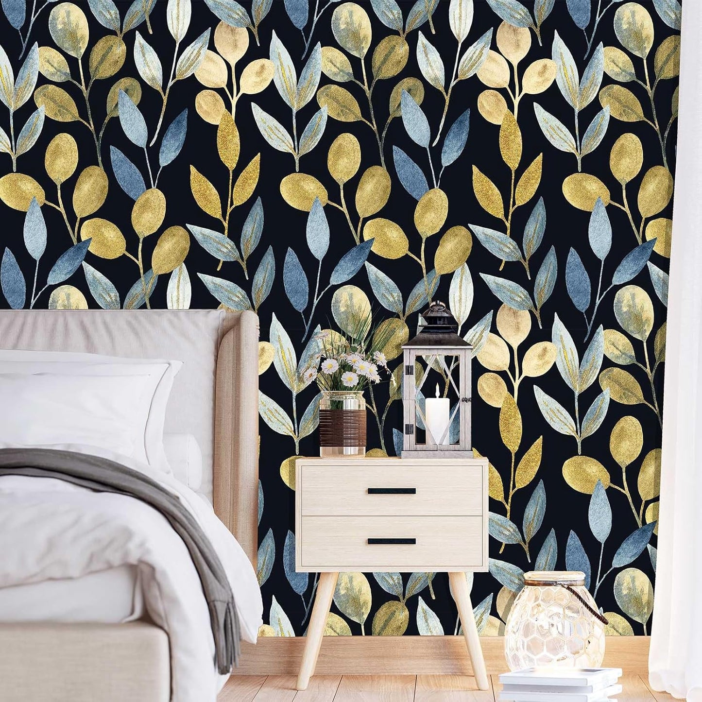 Blue Gold Leaf Peel and Stick Wallpaper Modern Self Adhesive Contact Paper Waterproof Removable Wall Paper for Bathroom Living Room 17.7"x70.8" Luxury Decorative Wallpaper