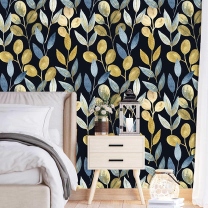 Blue Gold Leaf Peel and Stick Wallpaper Modern Self Adhesive Contact Paper Waterproof Removable Wall Paper for Bathroom Living Room 17.7"x70.8" Luxury Decorative Wallpaper