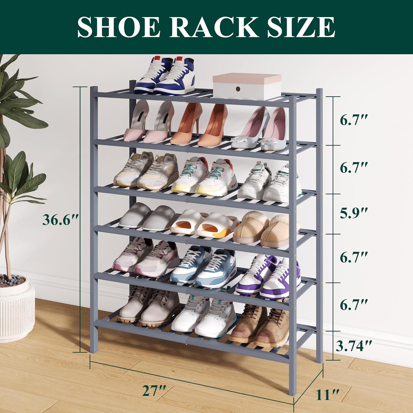 Smiry Bamboo Shoe Rack for Closet, 3 Tier Wooden Shoe Organizer, Stackable Wood Shoe Storage Shelf for Entryway, 14 Vertical Slats, One-piece Heavy-Duty Legs, 26.77"x11.02"x18.31", Natural