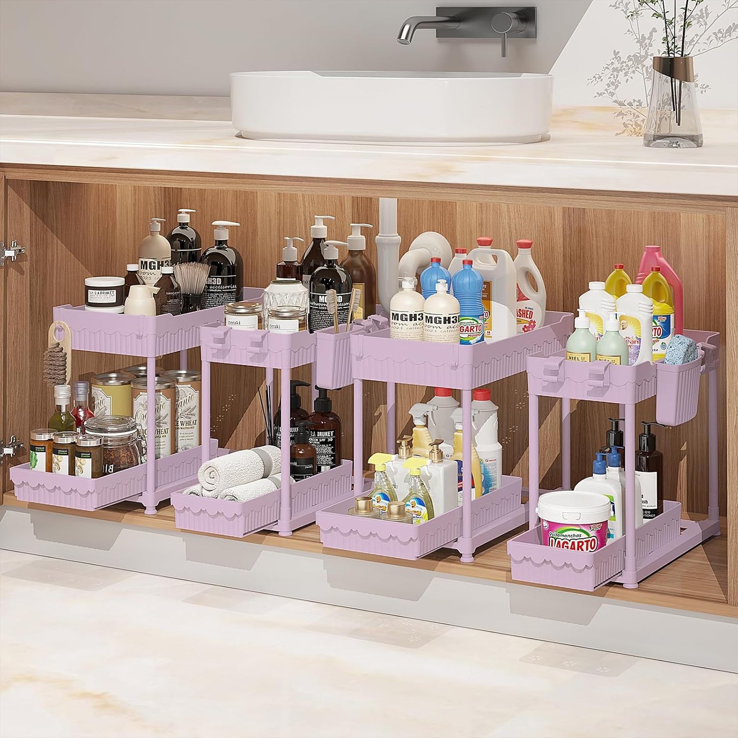 Sevenblue 4-Pack 2-Tier Under Sink Organizer with Pull Out Drawers | Multi-use kitchen & bathroom storage. Includes hanging hooks and cups. Black, space-saving cabinet design.