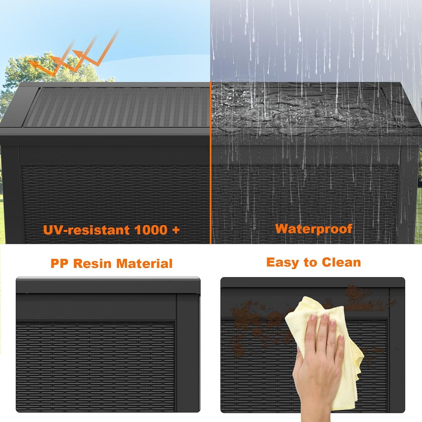 PatioZen 100 Gallon Resin Deck Box, Lockable Patio Outdoor Storage Box for Furniture, Garden Tools and Tools Storage, Waterproof Outside Storage Boxes - Black