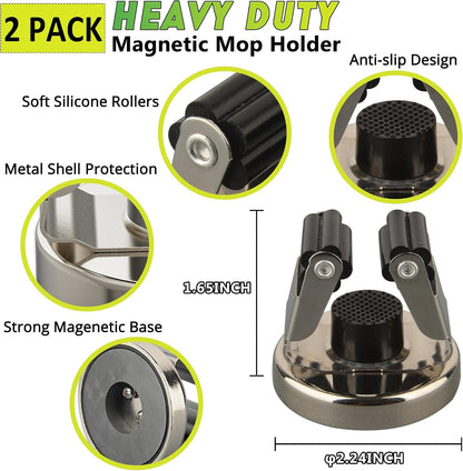 ULIBERMAGNET Magnetic Mop Broom Holder,Heavy Duty Movable Magnetic Broom Holder Rack,Anti-slip Wall Mounted Utility Storage Mop Shovel Hanger for Garage, Kitchen, Laundry, Garden(3 Racks / 4 Hooks)