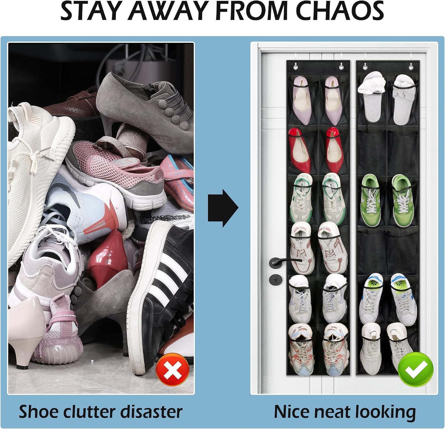 MISSLO Over The Door Shoe Organizer 12 Large Mesh Pockets Hanging Narrow Closet Door, White, 2 Pack