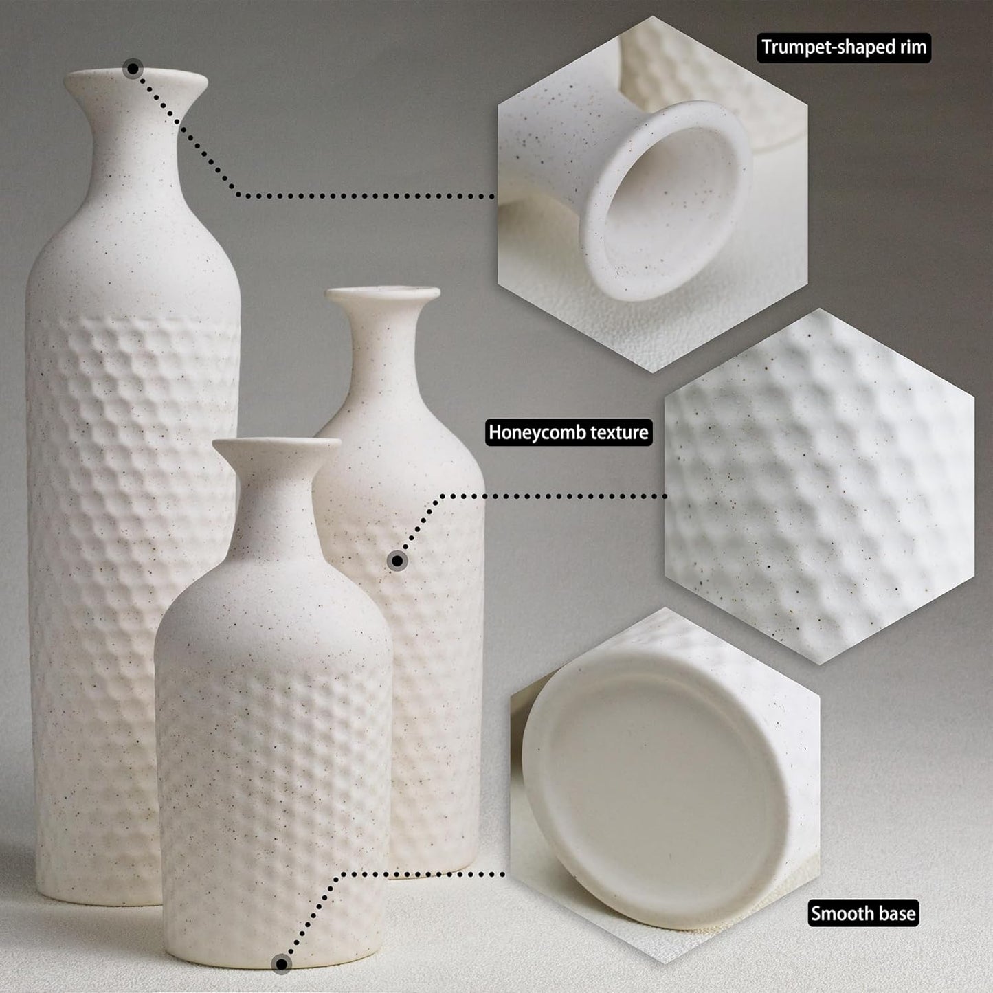 Small White Vases for Home Decor, Decorative Ceramic Vase Set, Matte Finish Honeycomb Texture, Modern Farmhouse Vases for Coffee Table, Bookshelf, Kitchen, Bathroom, Office Desk Decor