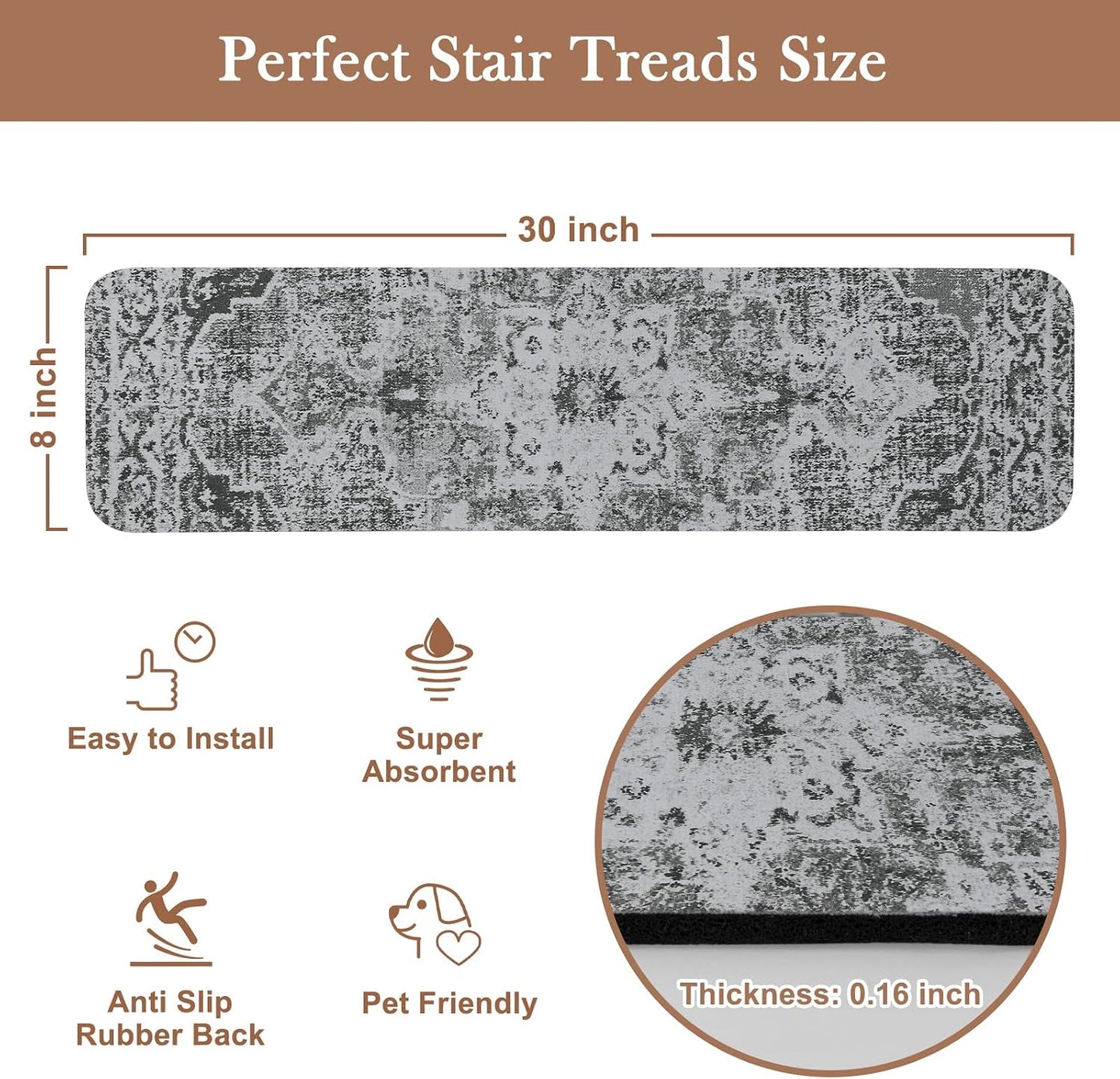 OJIA Non-Slip Carpet Stair Treads for Wooden Steps Set of 15, 30''X8'' Indoor Runner Resistant Rugs Rubber Safety Mats for Dogs, Kids & Elders, Stairway Grip