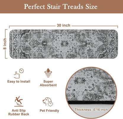 OJIA Non-Slip Carpet Stair Treads for Wooden Steps Set of 15, 30''X8'' Indoor Runner Resistant Rugs Rubber Safety Mats for Dogs, Kids & Elders, Stairway Grip