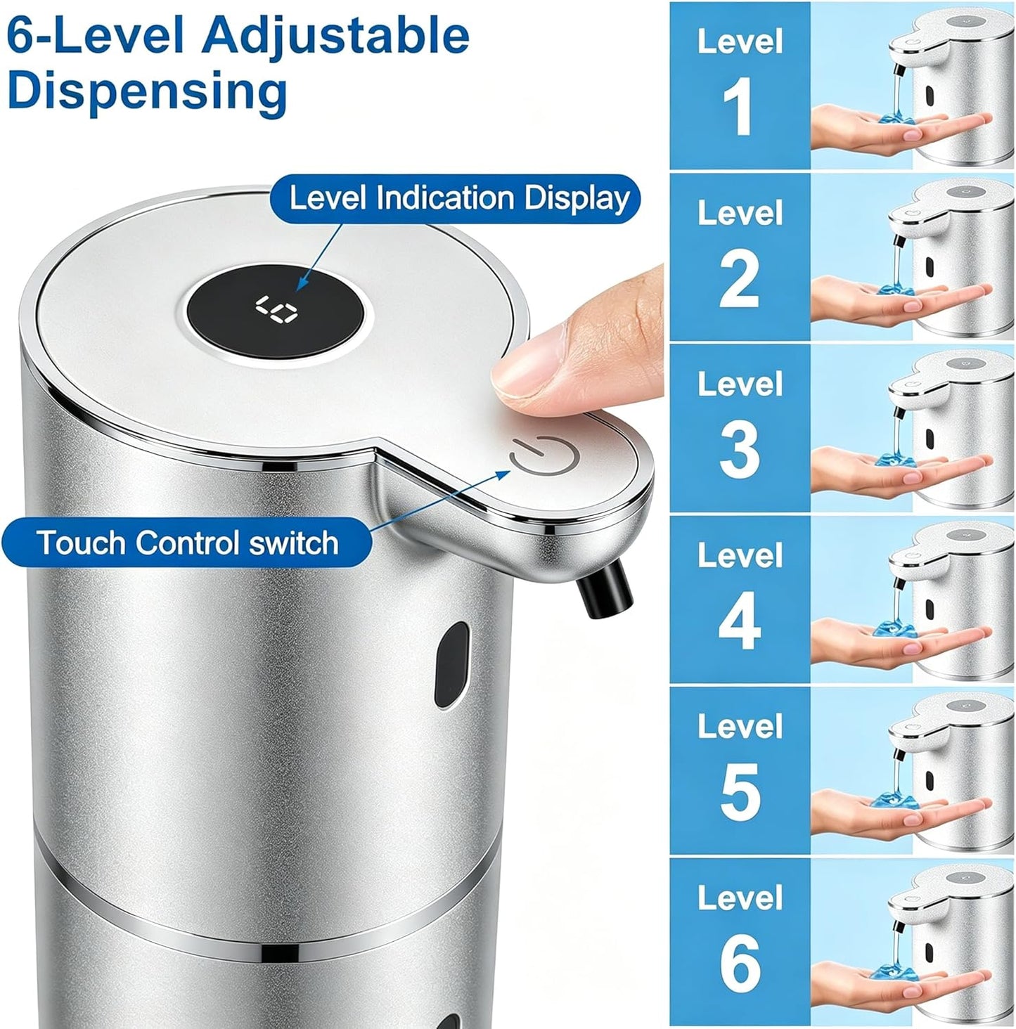 Automatic Soap Dispenser, Hand Soap Dispenser 12.8oz/380ml Smart Rechargeable, Liquid Touchless Soap Dispensers with 6-Level, Wall Mounted or Countertop Dish Soap Dispensing for Bathroom & Kitchen