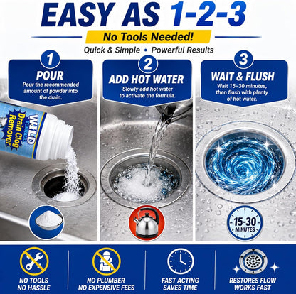 Drain Clog Remover Powder 4 Pack, Sink & Drain Cleaner Fast-Acting Foaming for Hair, Grease, Kitchen Sink & Toilet Clogs, Powerful Pipe Cleaning Solution for Showers & Drains, 480g