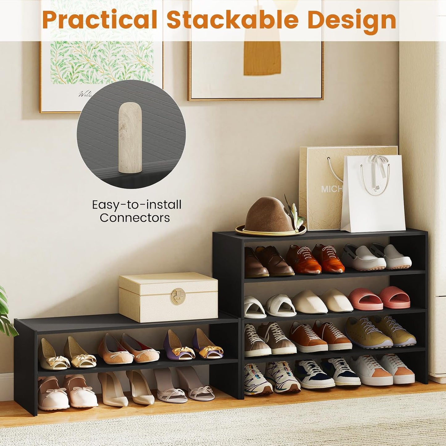 COSTWAY 6-Tier Shoe Rack, Extra Wide Shoe Shelf Organizer with Stackable Design, 31" Freestanding Adjustable Storage Shoe Stand for Small Space Entryway Hallway Closet (1,Black)