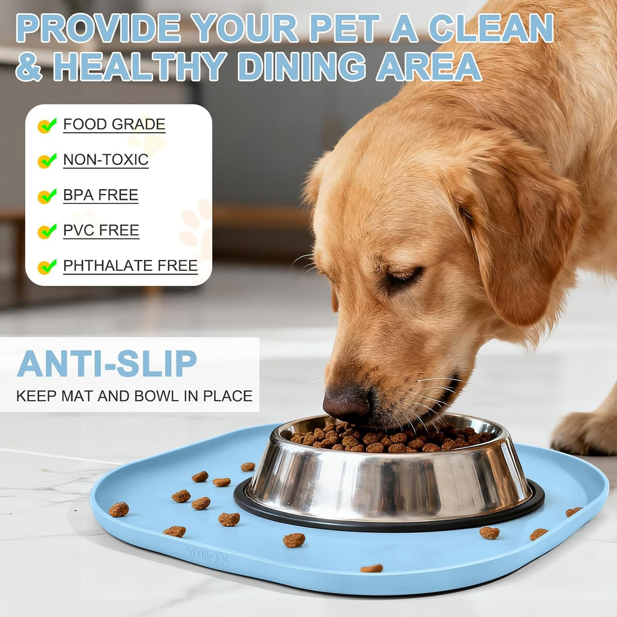 SMILOOL Silicone Pet Food Mat with Raised Edge for Food and Water Bowl, Dog Feeding Mats, Cat Food Trays for Floor Waterproof, Rubber Tray for Dogs and Cats, 19 x 12 x 0.7 Black