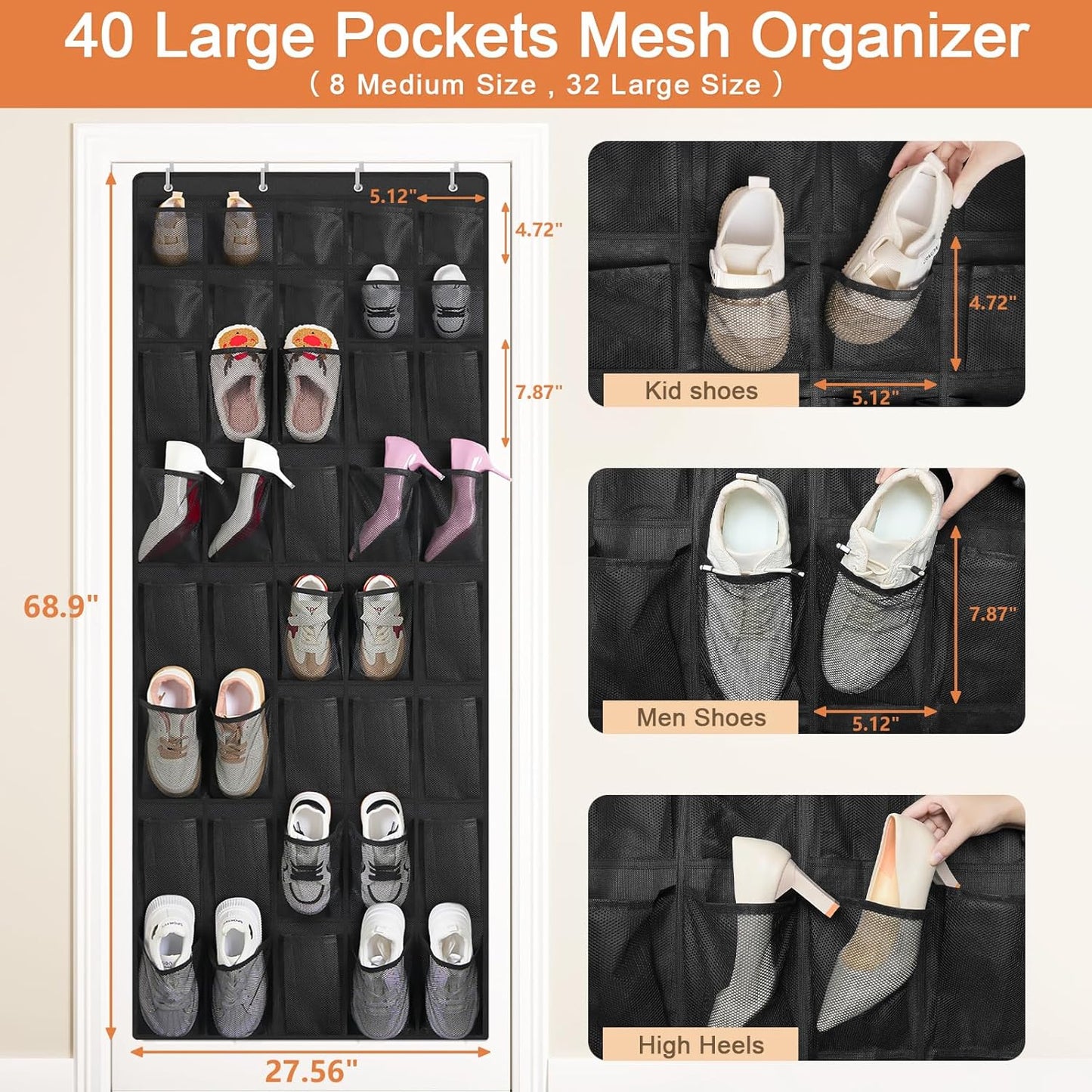 FENTEC 40 Large Pockets Over The Door Shoe Organizer, Mesh Hanging Shoe Organizer Shoe Rack for Closet Mesh Closet Shoe Holder, Over Door Organizer, Shoe Organizer for Wall, Grey, 1 Pack