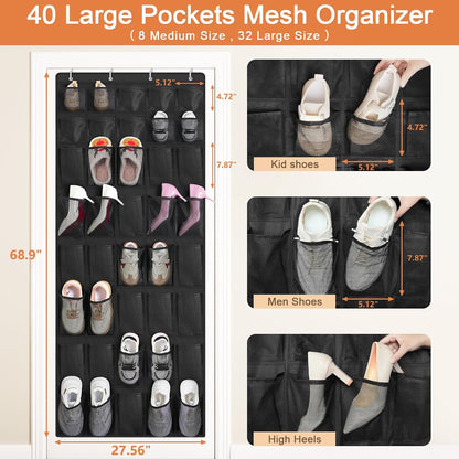 FENTEC 40 Large Pockets Over The Door Shoe Organizer, Mesh Hanging Shoe Organizer Shoe Rack for Closet Mesh Closet Shoe Holder, Over Door Organizer, Shoe Organizer for Wall, Grey, 1 Pack