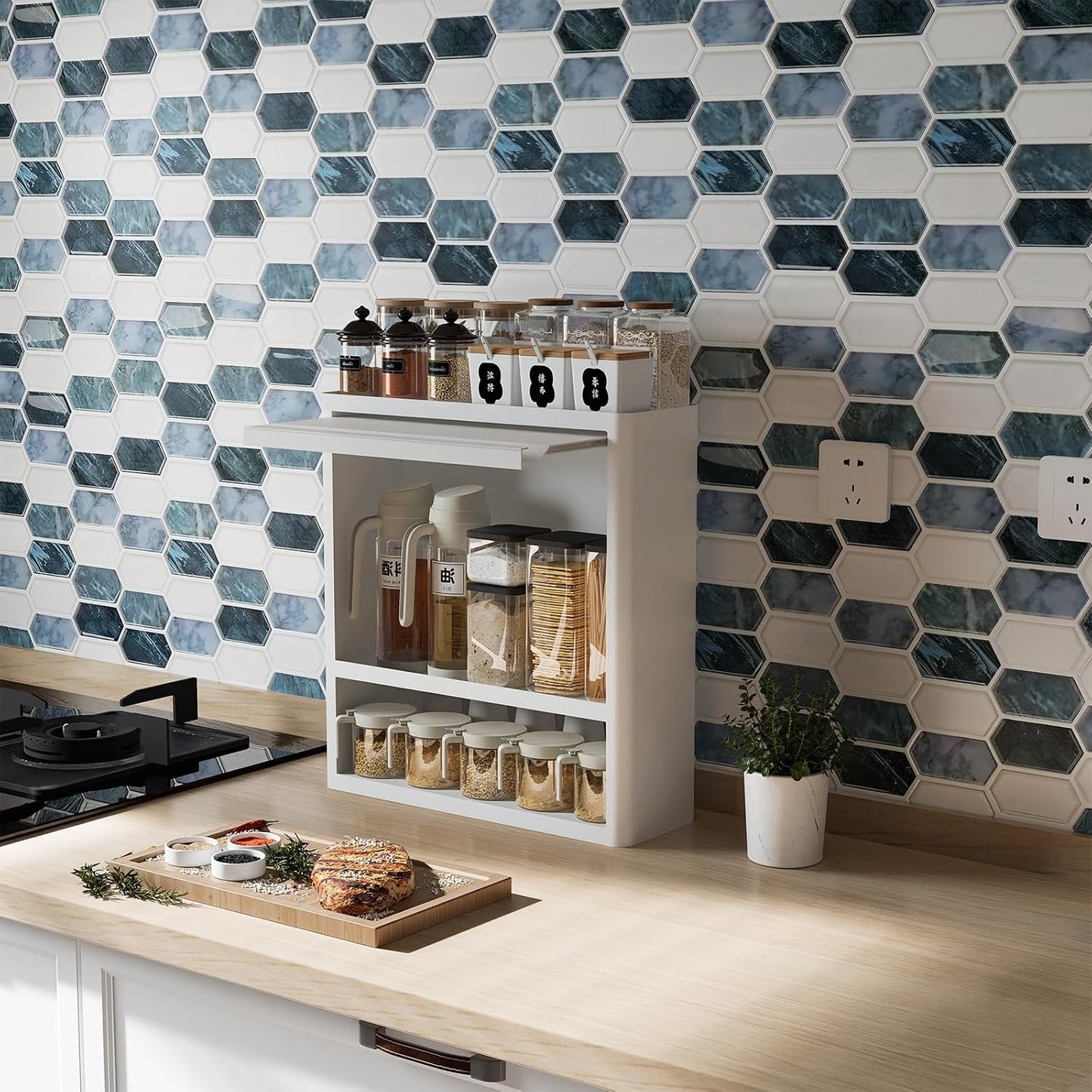 10-Sheet Backsplash Peel and Stick Tile Faux Marble 12"x12" White Blue Long Hexagon Self-Adhesive Glossy Heat Resistant Waterproof 3D Wall Panel Stick on Backsplash Kitchen Bathroom RV Fireplace