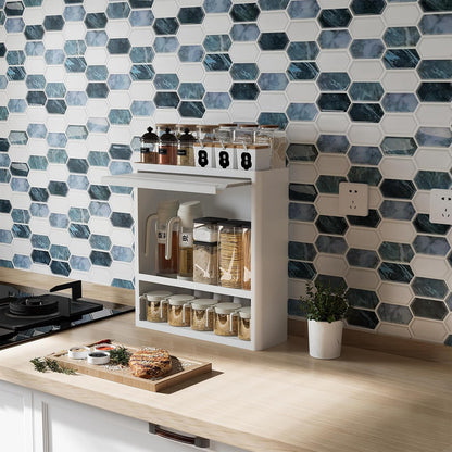 10-Sheet Backsplash Peel and Stick Tile Faux Marble 12"x12" White Blue Long Hexagon Self-Adhesive Glossy Heat Resistant Waterproof 3D Wall Panel Stick on Backsplash Kitchen Bathroom RV Fireplace