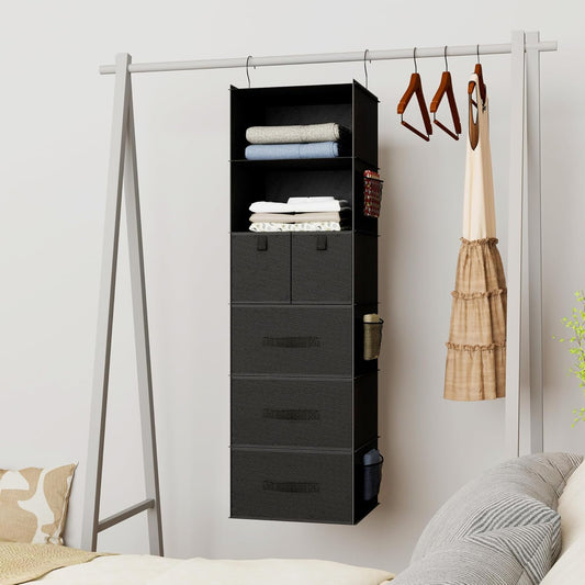 6-Shelf Hanging Closet Organizer with 5 Drawers, Non-Woven Storage, Black | Spacious compartments sort clothes & undergarments; foldable drawers add hidden storage for closets, wardrobes or RVs.